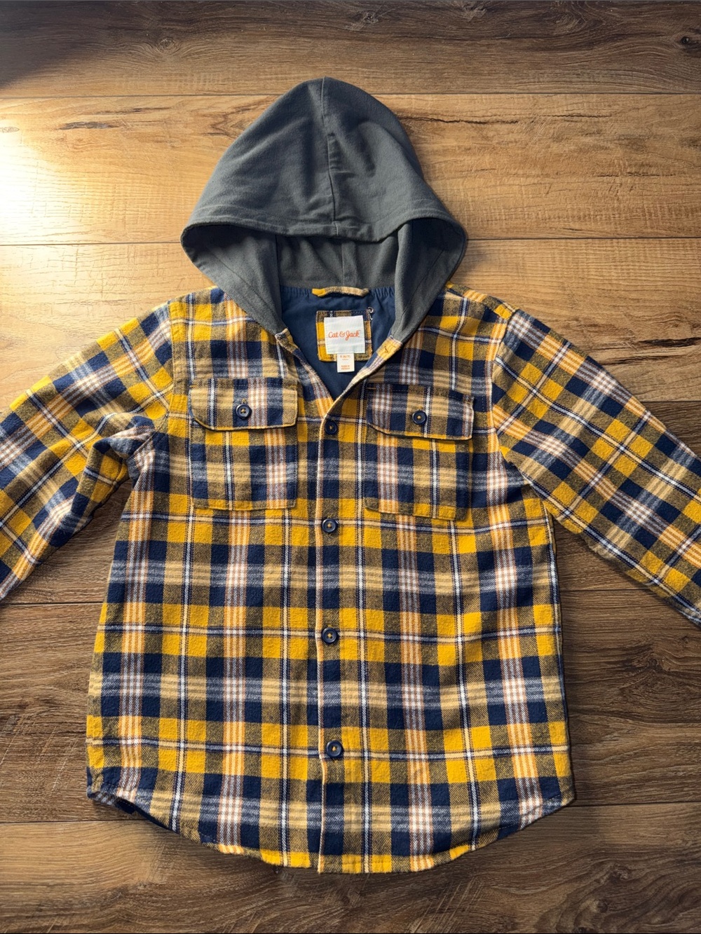 Cat & Jack Yellow and Navy Plaid Hooded Button-Up Shirt